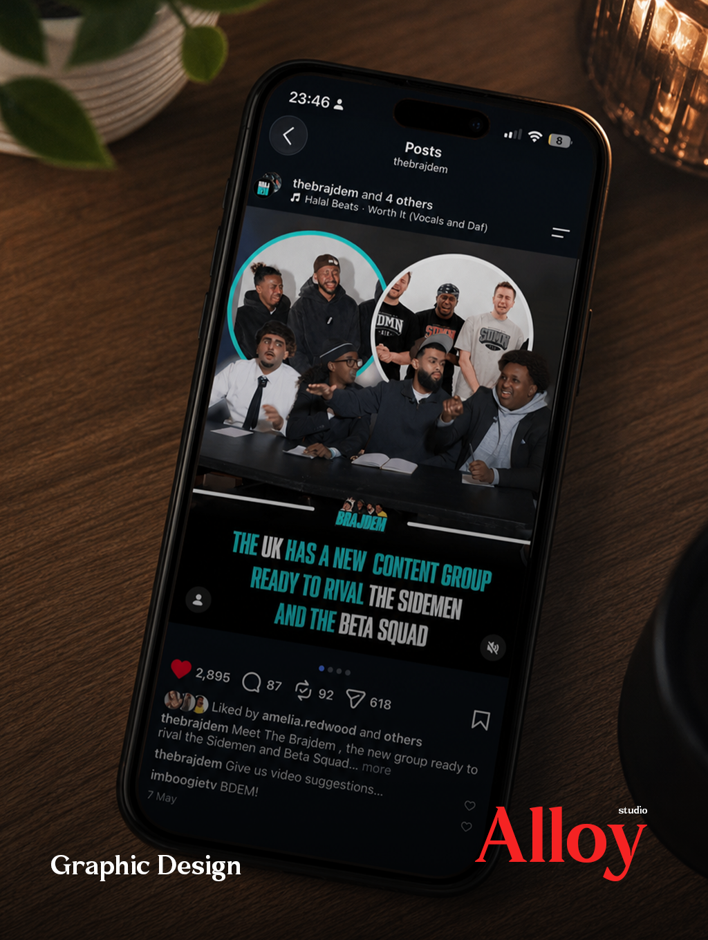 Graphic design work for Brajdem shown as an Instagram post on a phone